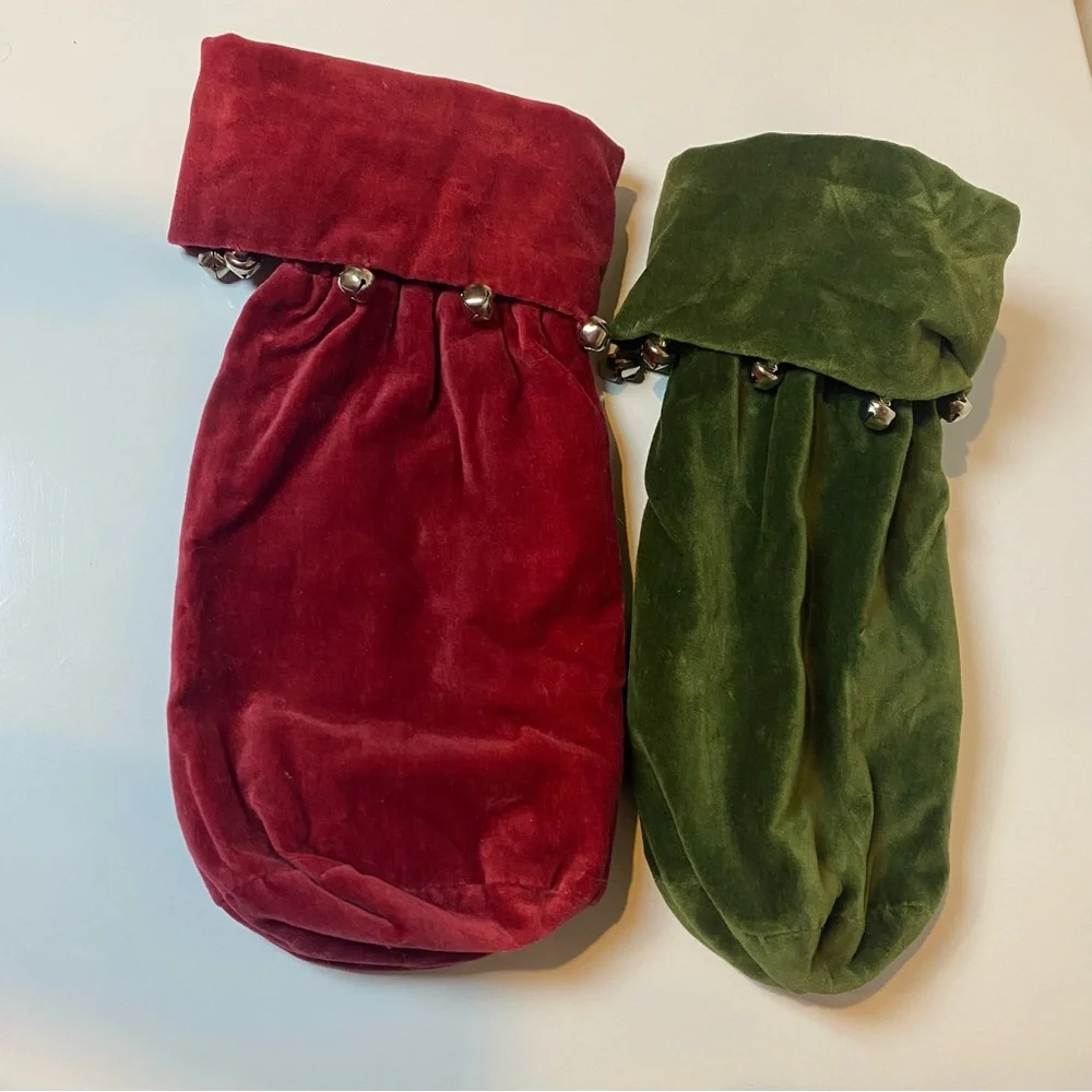 Pottery Barn Christmas Velvet Wine Bags Lot of 2 Red Green Jingle Bells Holiday